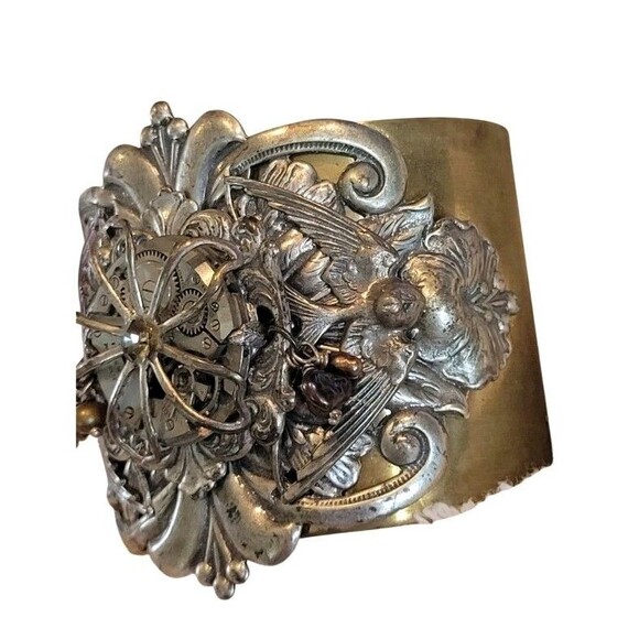 Steampunk Large Cuff Bracelet Brass & Silver Tone Watch Gear Art Nouveau Design - Picture 6 of 11
